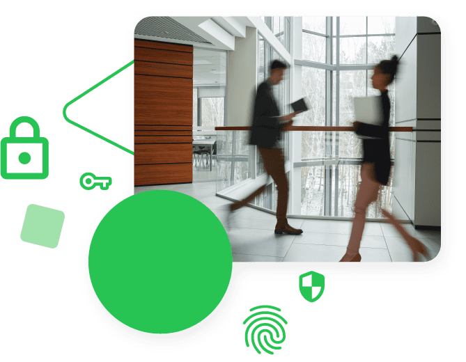 Security campaign landing page graphic with photo of people in an office.